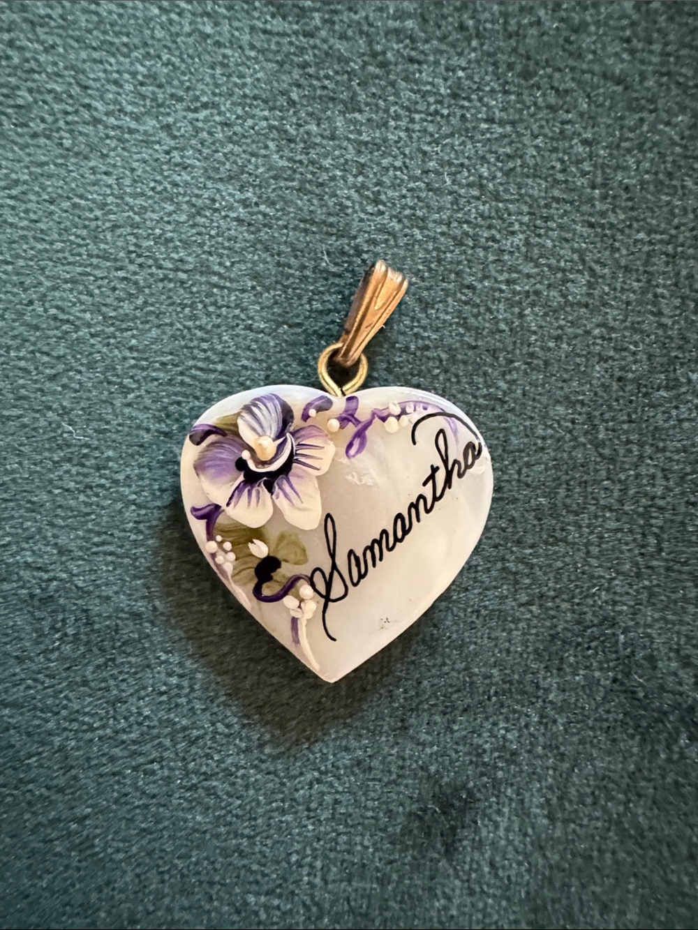 Personalized Heart Pendant Necklace - Hand-Painted Purple Floral "Samantha" Name